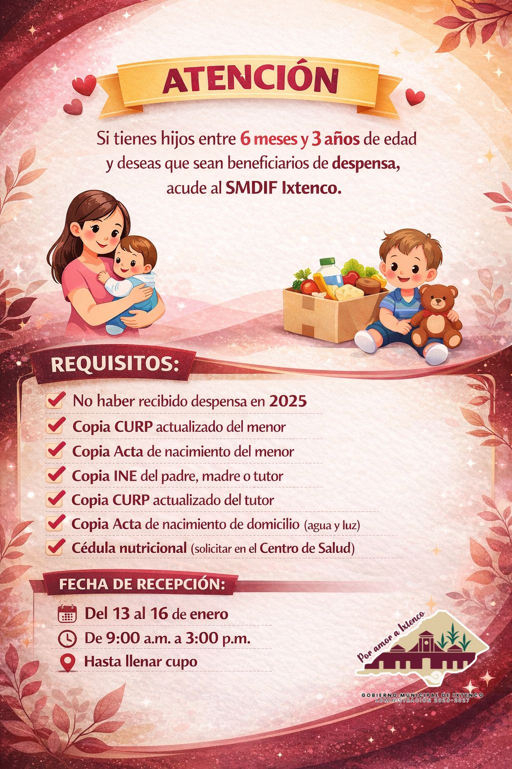 SMDIF Ixtenco invita a padres de familia a inscribir a sus hijos al programa de apoyo&nbsp;alimentario.